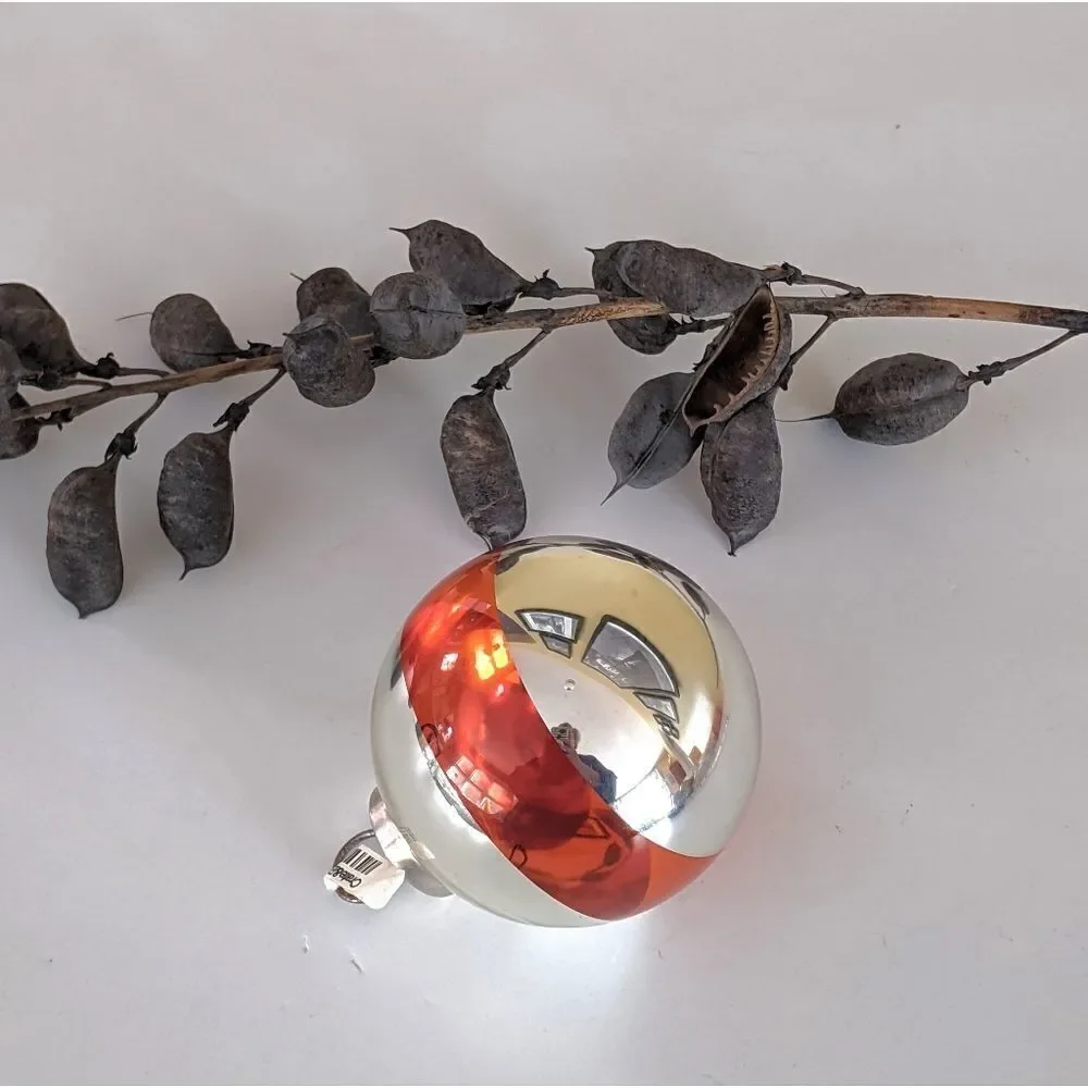 Crate&Barrel Orange And Silver Round Glass Christmas Ornament